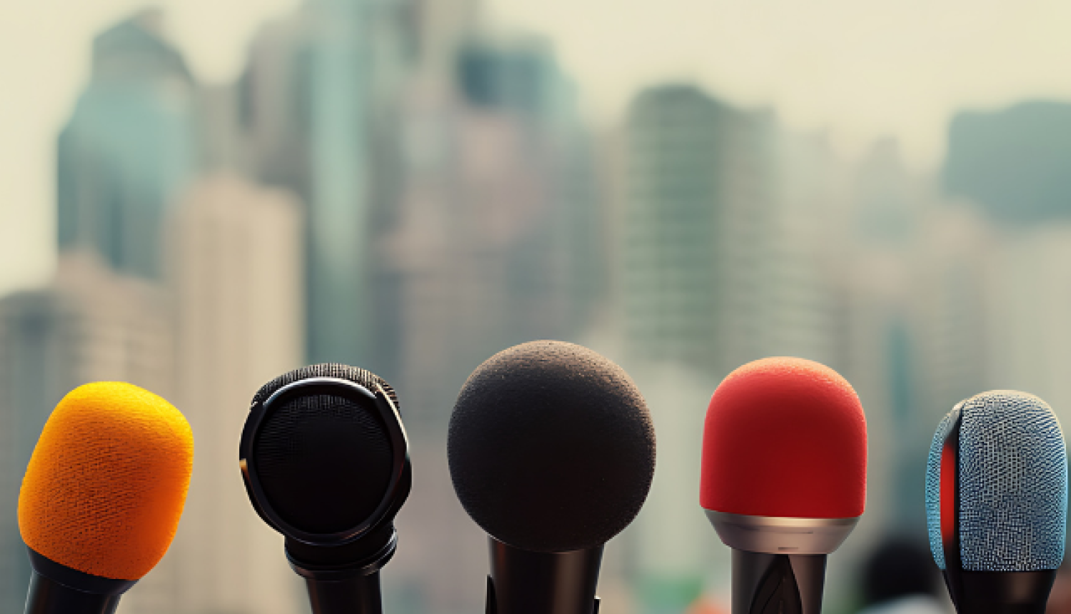 Uz galda rindā novietoti vairāki mikrofoni preses konferences laikā.