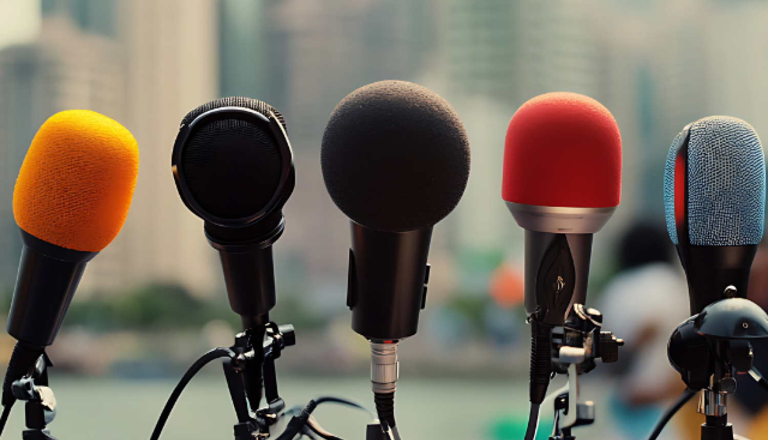 Uz galda rindā novietoti vairāki mikrofoni preses konferences laikā.