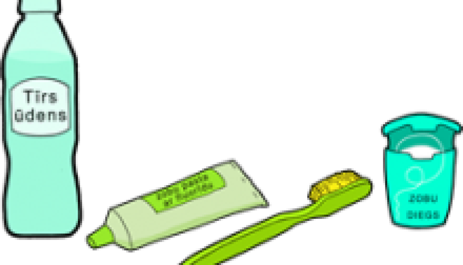 Ūdens pudele, zobu pasta, zobu birste, zobu diegs